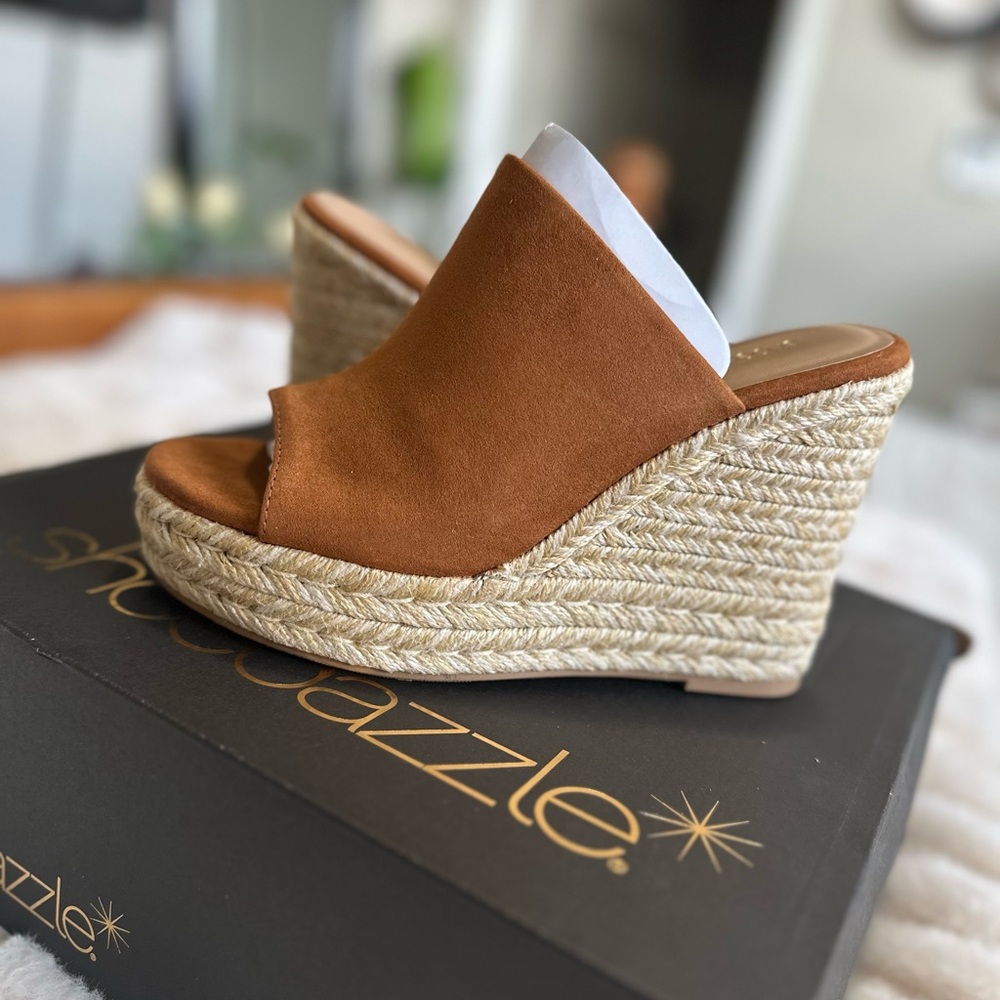 ShoeDazzle Brown Wedge Mules